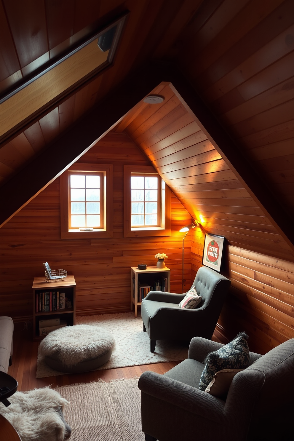 A cozy attic room featuring warm wooden paneling that creates an inviting atmosphere. The space is adorned with soft, ambient lighting and plush furnishings for added comfort. A stylish reading nook is nestled under the sloped ceiling, complete with a comfortable armchair and a small bookshelf. Large windows allow natural light to flood the room, enhancing the warm tones of the wood.