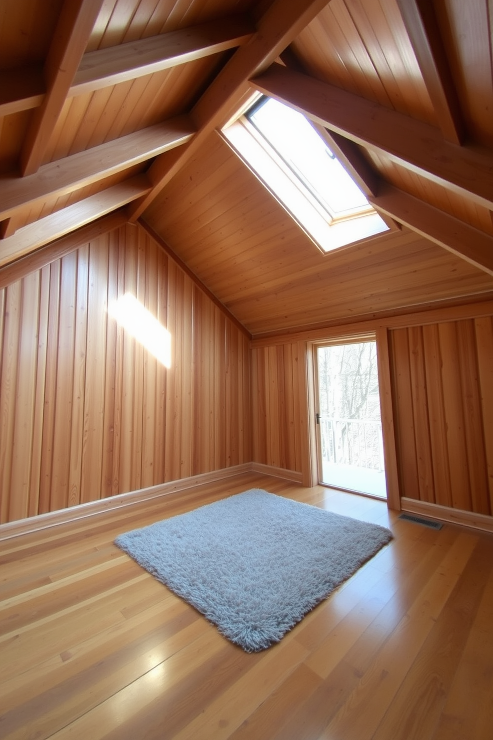 A cozy wooden attic room featuring natural wood flooring that enhances the rustic charm of the space. The room is adorned with exposed beams and a large window that floods the area with natural light, creating a warm and inviting atmosphere.