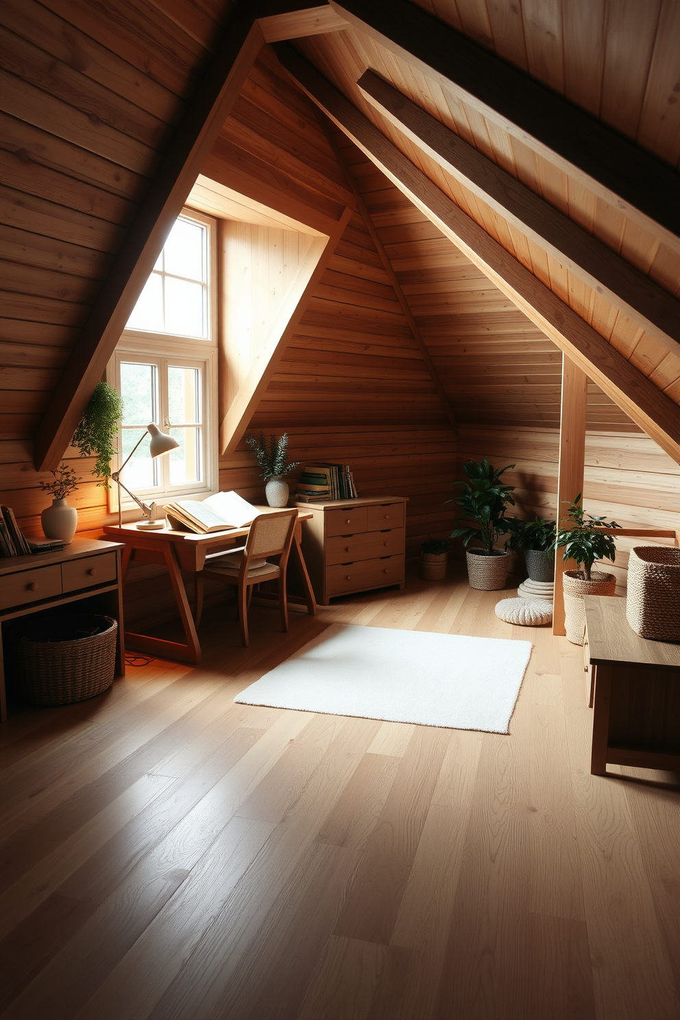 A serene wooden attic room featuring natural wood furniture that emphasizes simplicity and tranquility. The space is adorned with a cozy reading nook by the window, complemented by a soft area rug and warm lighting. The walls are lined with exposed wooden beams, creating a rustic charm, while the flooring showcases wide planks of light oak. A minimalist desk and chair are positioned in one corner, perfect for a quiet workspace, with potted plants adding a touch of greenery.