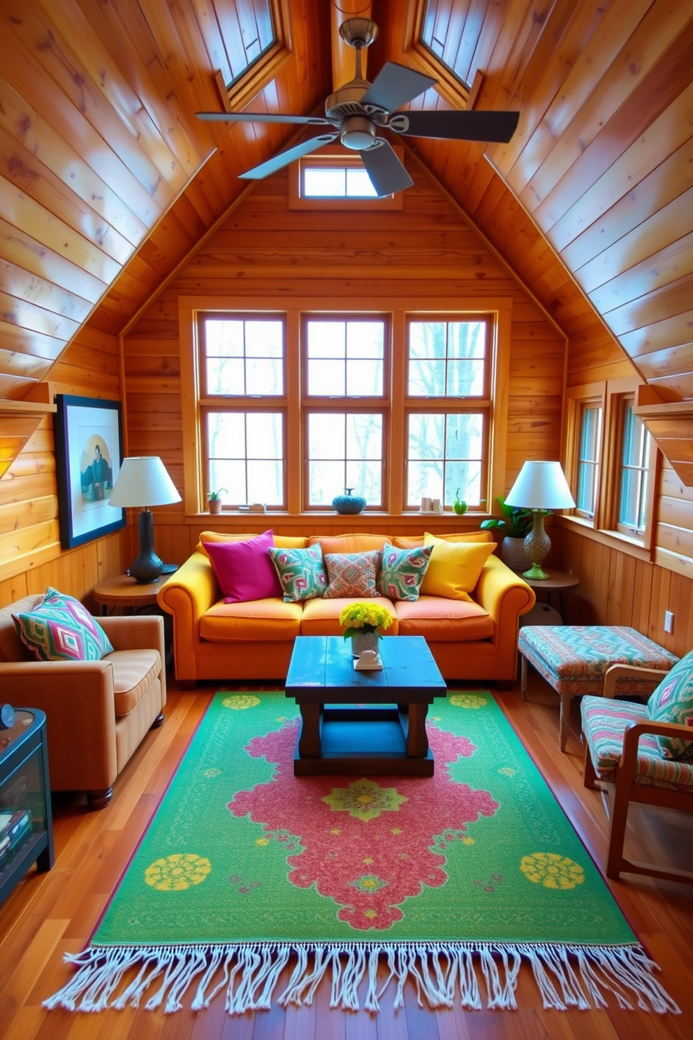 A cozy wooden attic room filled with bright decor. The walls are lined with warm wooden panels, and large windows allow natural light to flood the space. A plush sofa in a vibrant color sits in the center, surrounded by colorful throw pillows. A rustic wooden coffee table adds charm, while a bright area rug anchors the seating arrangement.