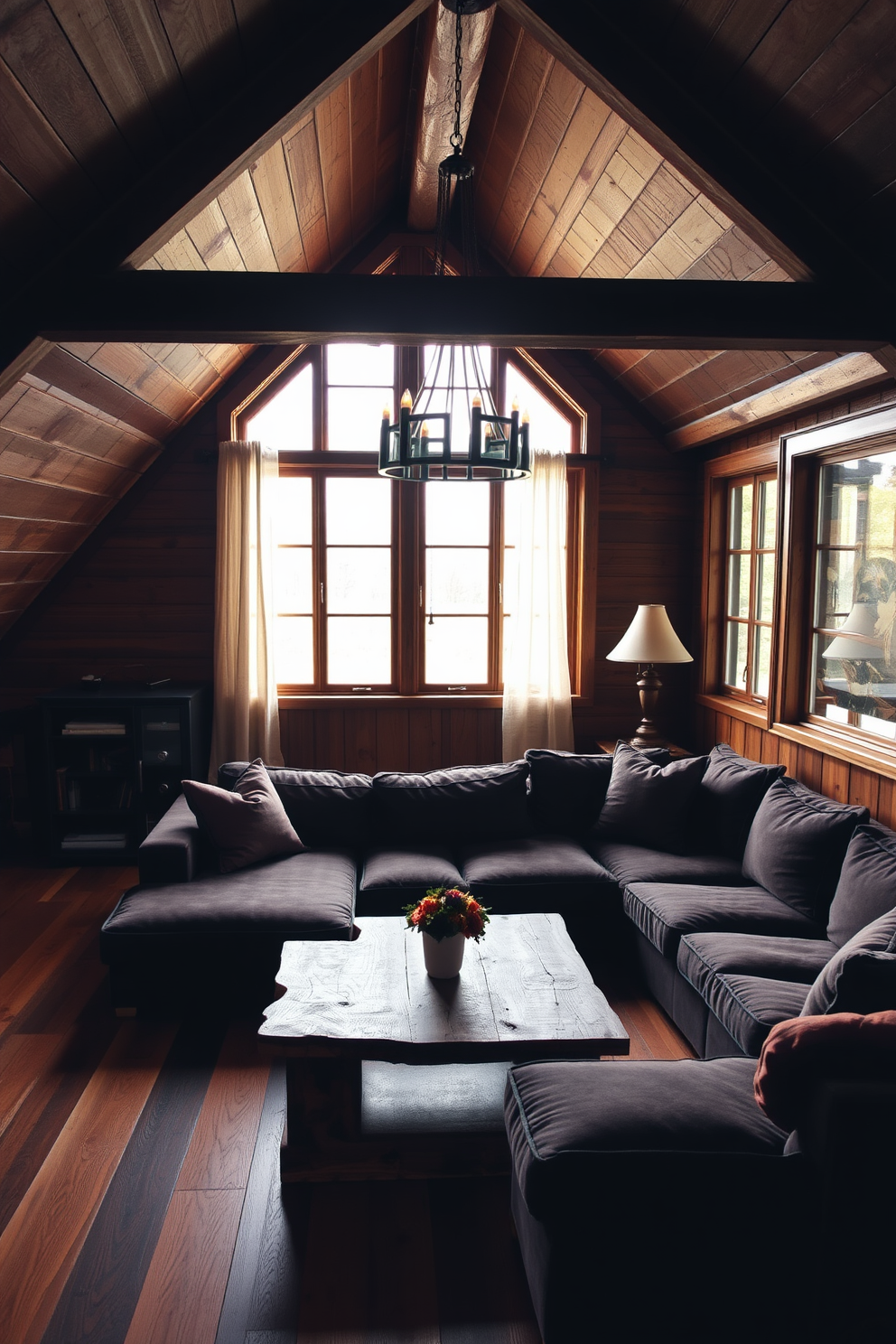 A cozy attic room featuring dark wood beams and rich wooden paneling that creates a warm and inviting atmosphere. The space is furnished with a plush, oversized sectional sofa in deep hues, complemented by a rustic coffee table made from reclaimed wood. Large windows with sheer curtains allow natural light to filter in, highlighting the intricate grain of the wood. A statement chandelier made of wrought iron hangs from the ceiling, adding a touch of elegance to the room.