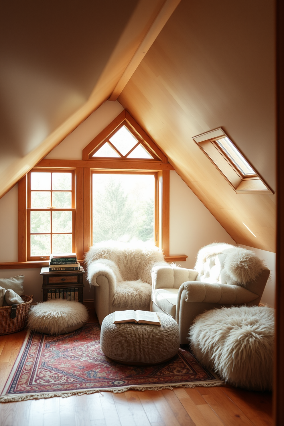 A cozy wooden attic room with exposed beams and large wooden window frames that add charm and character. The space is furnished with a plush area rug, a comfortable reading nook, and soft lighting to create a warm atmosphere.