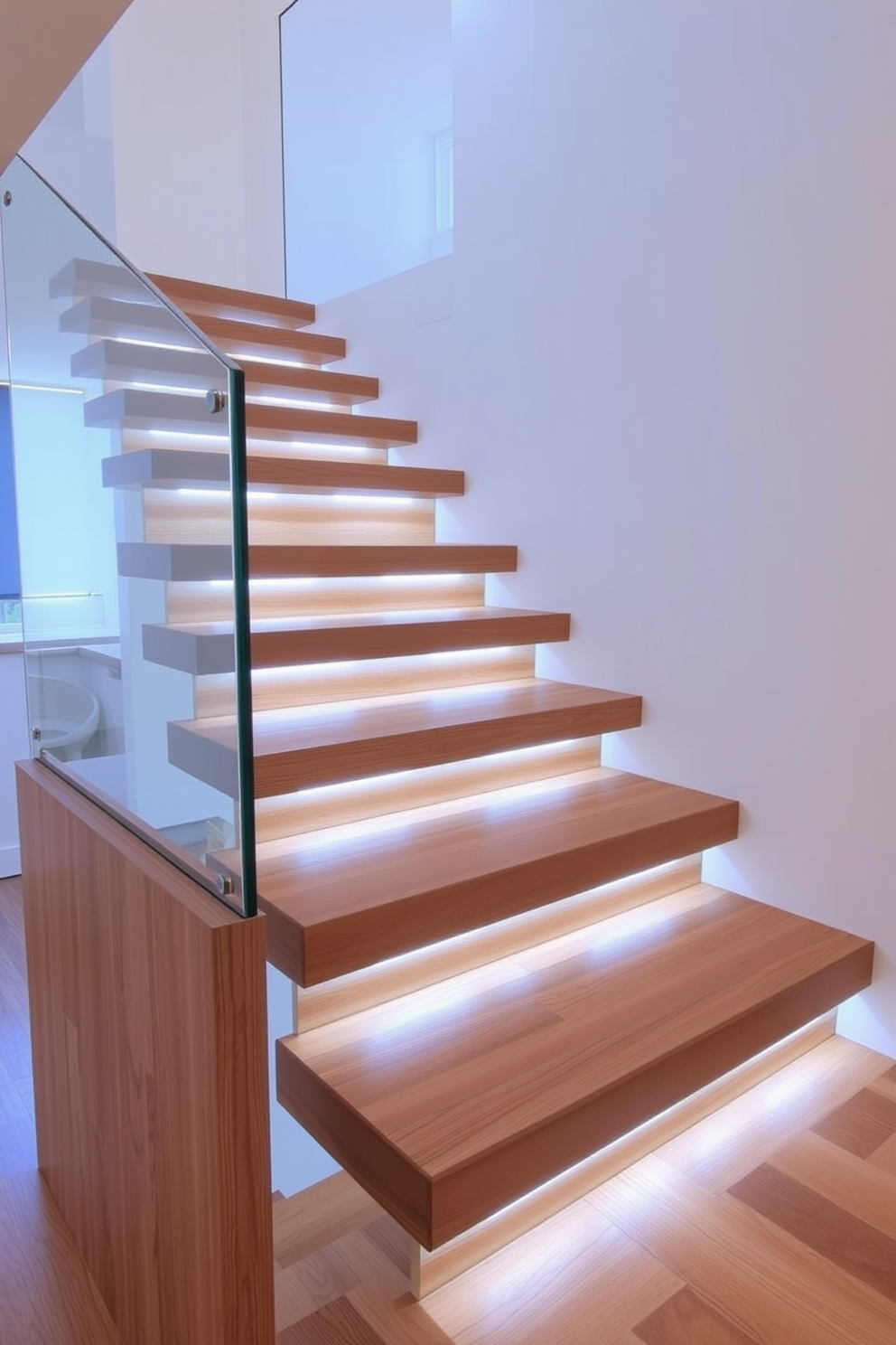 Open tread staircase with a sleek glass railing that enhances the sense of space and light. The wooden steps are crafted from rich oak, showcasing a natural grain that adds warmth to the contemporary design. The staircase features a minimalist aesthetic with floating treads that create an illusion of levitation. Soft LED lighting is integrated into the risers, illuminating the staircase and highlighting its elegant structure.