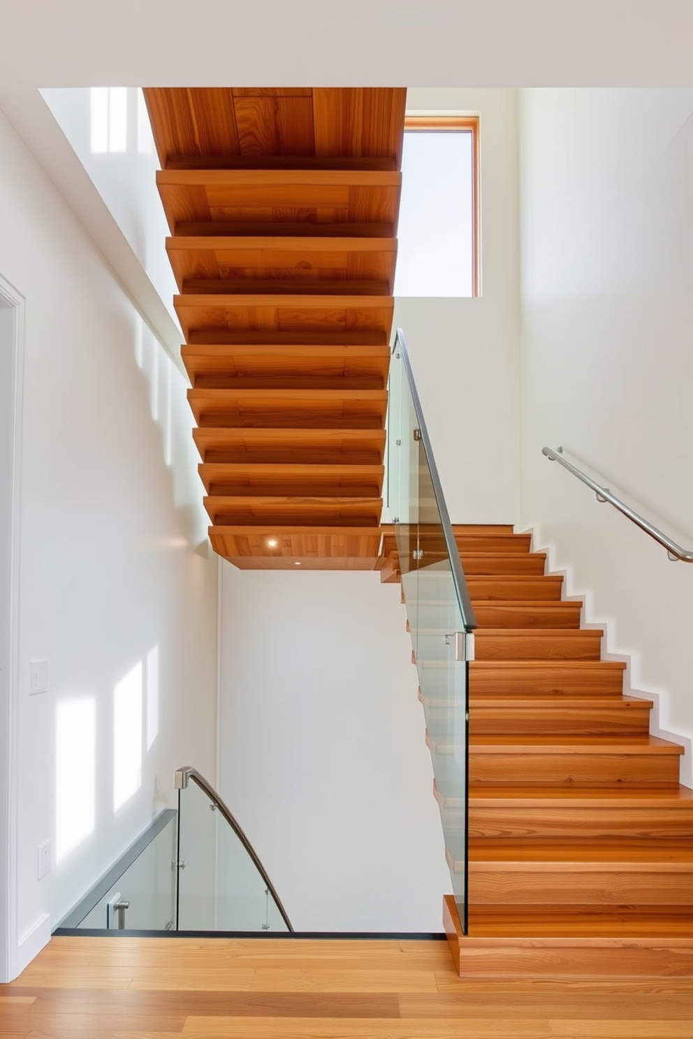 A stunning cantilevered staircase elegantly floats in the space, showcasing its sleek lines and modern design. The wooden treads are rich in texture, complemented by a minimalist glass railing that enhances the airy feel of the interior. The staircase features a warm wood finish that contrasts beautifully with the surrounding walls, creating a striking focal point. Soft lighting highlights the staircase's contours, adding depth and drama to the entryway.