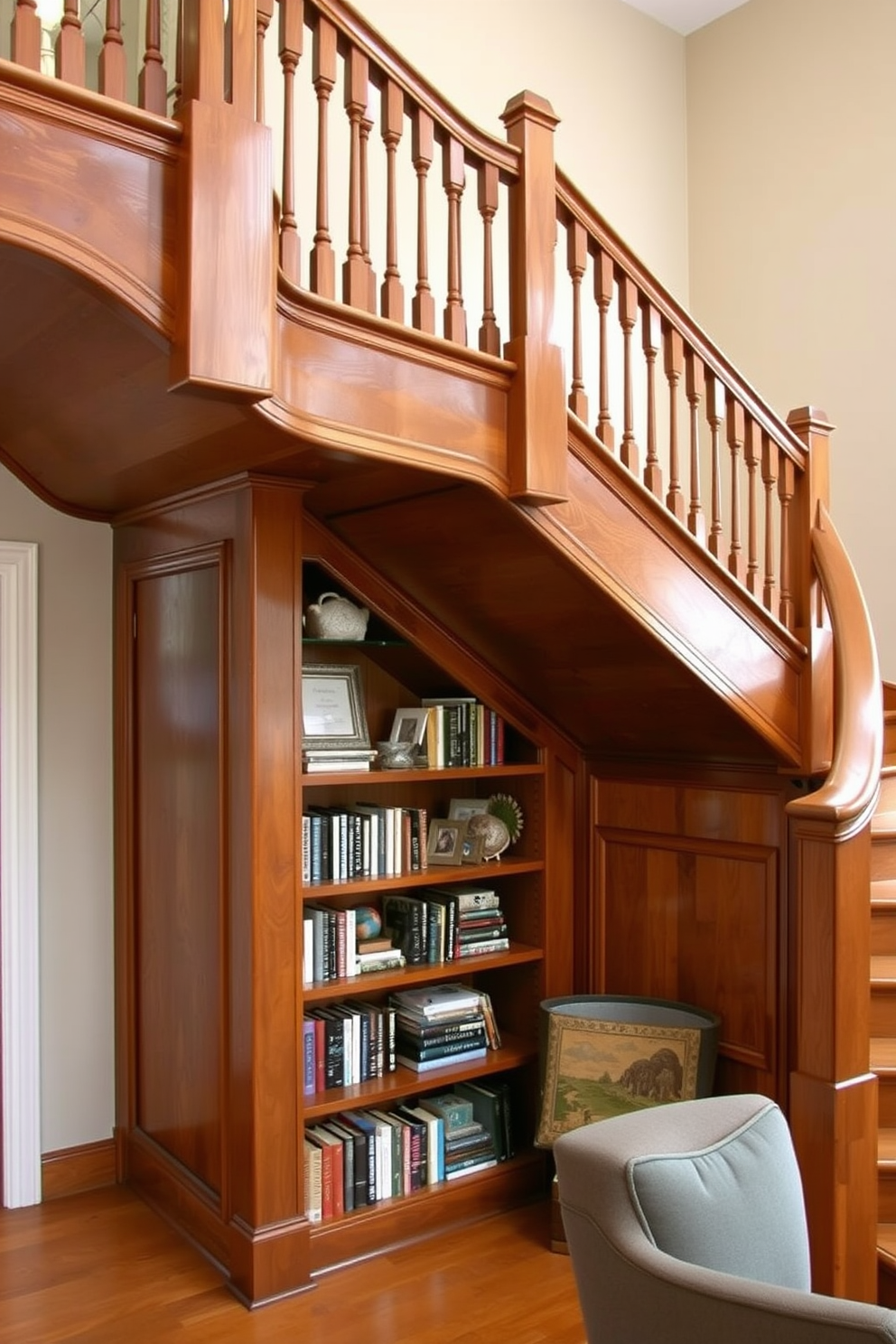 A stunning wooden staircase features elegant railings and a warm finish that complements the surrounding decor. Underneath the staircase, built-in bookshelves are seamlessly integrated, filled with an array of books and decorative items, creating a cozy reading nook.