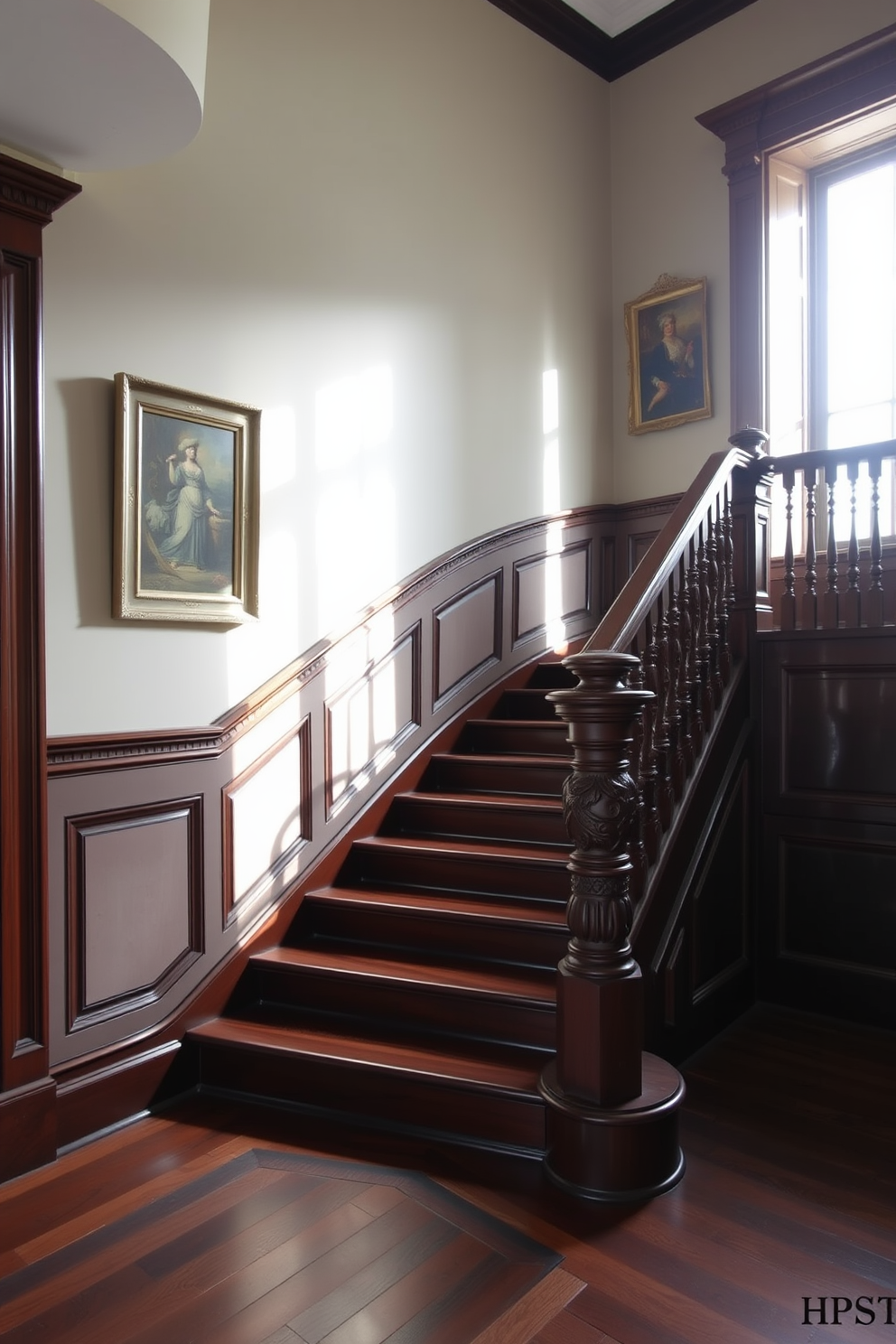 A classic wooden staircase with an ornate balustrade. The staircase features rich mahogany steps that curve gracefully, complemented by intricate carvings on the balustrade. Natural light pours in from a nearby window, casting soft shadows on the polished wood. The walls are adorned with elegant artwork that enhances the timeless charm of the staircase.