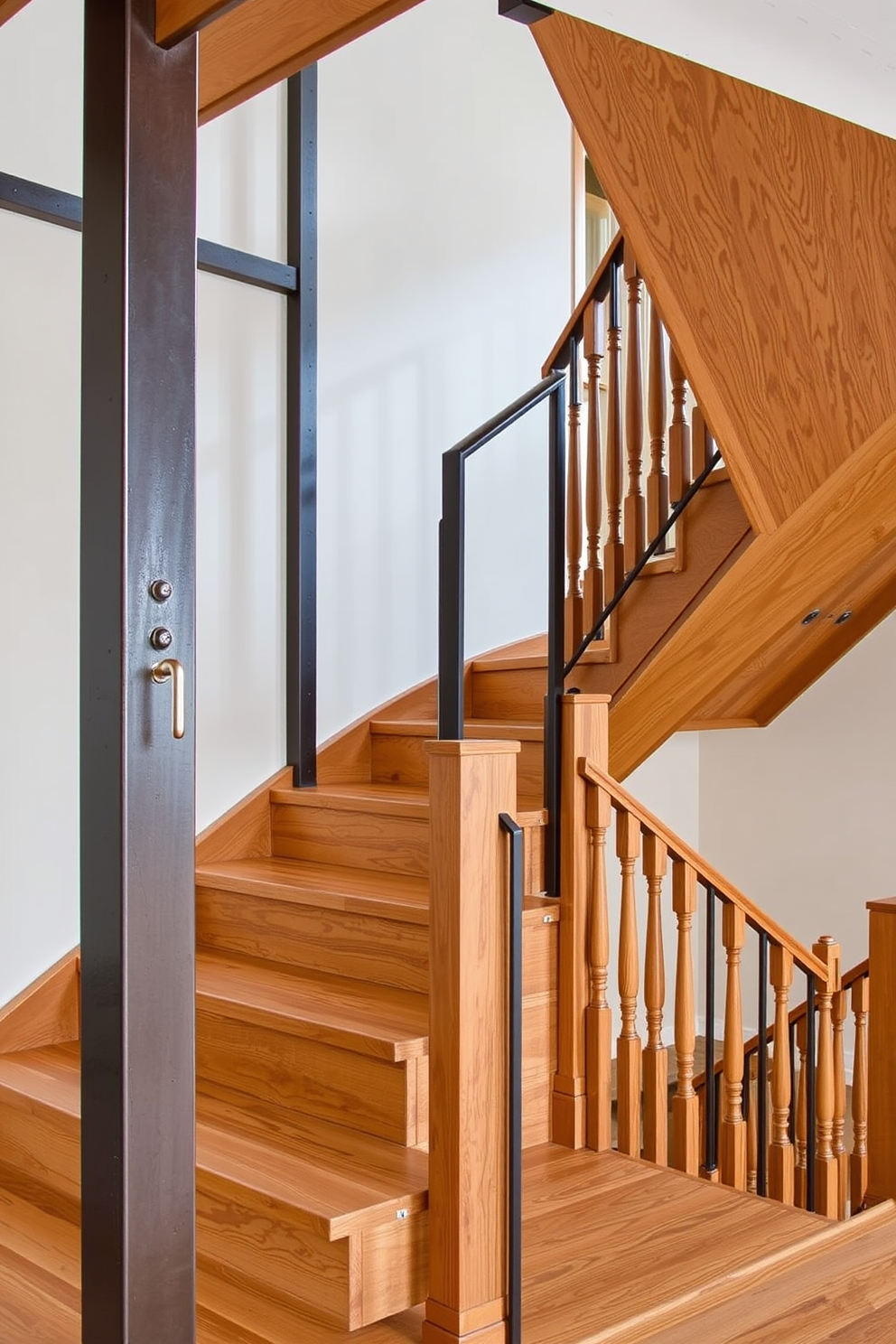 An industrial style staircase features a sleek metal frame with exposed beams and a combination of wood and metal treads. The railing is crafted from black steel, adding a modern touch to the rustic charm of the wooden steps. For wooden staircase design ideas, envision a warm oak staircase with elegant balusters and a rich stain that highlights the natural grain. Soft lighting illuminates the staircase, creating a welcoming atmosphere that complements the surrounding decor.