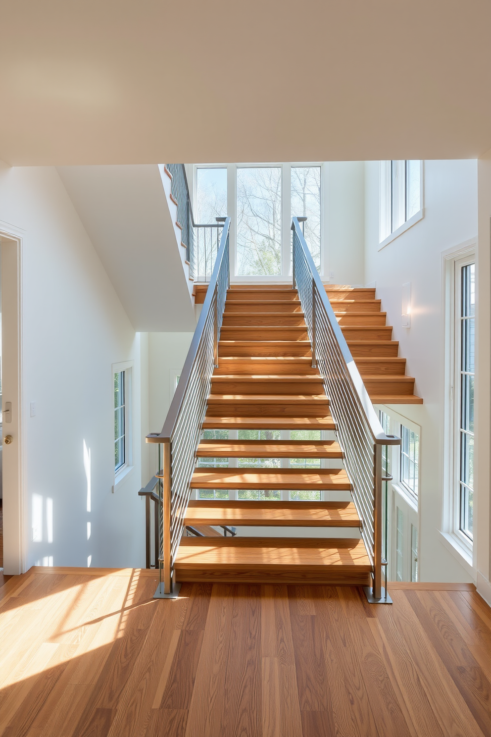 Open riser staircase that enhances the sense of space in a bright and airy home. The wooden treads are complemented by sleek metal railings, creating a modern yet warm aesthetic. Natural light floods the staircase area through large windows, illuminating the rich grain of the wood. The surrounding walls are painted in a soft white to further enhance the openness and tranquility of the design.