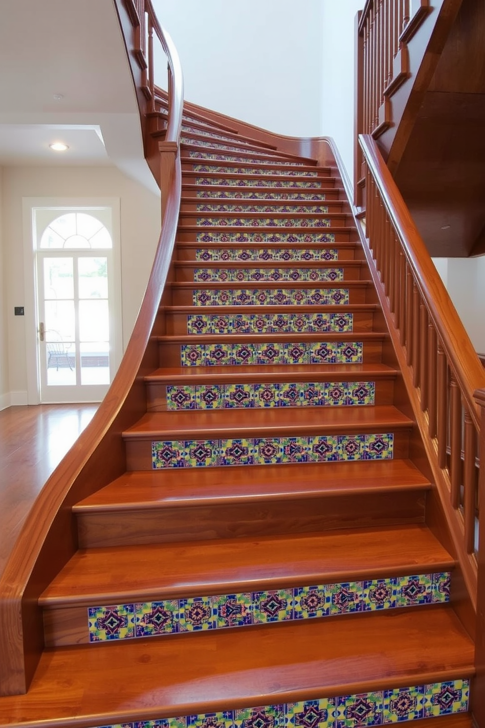 A stunning staircase featuring intricate mosaic tile risers that add a splash of color and personality. The wooden staircase showcases elegant craftsmanship with rich, warm tones and a polished finish that complements the vibrant tiles.