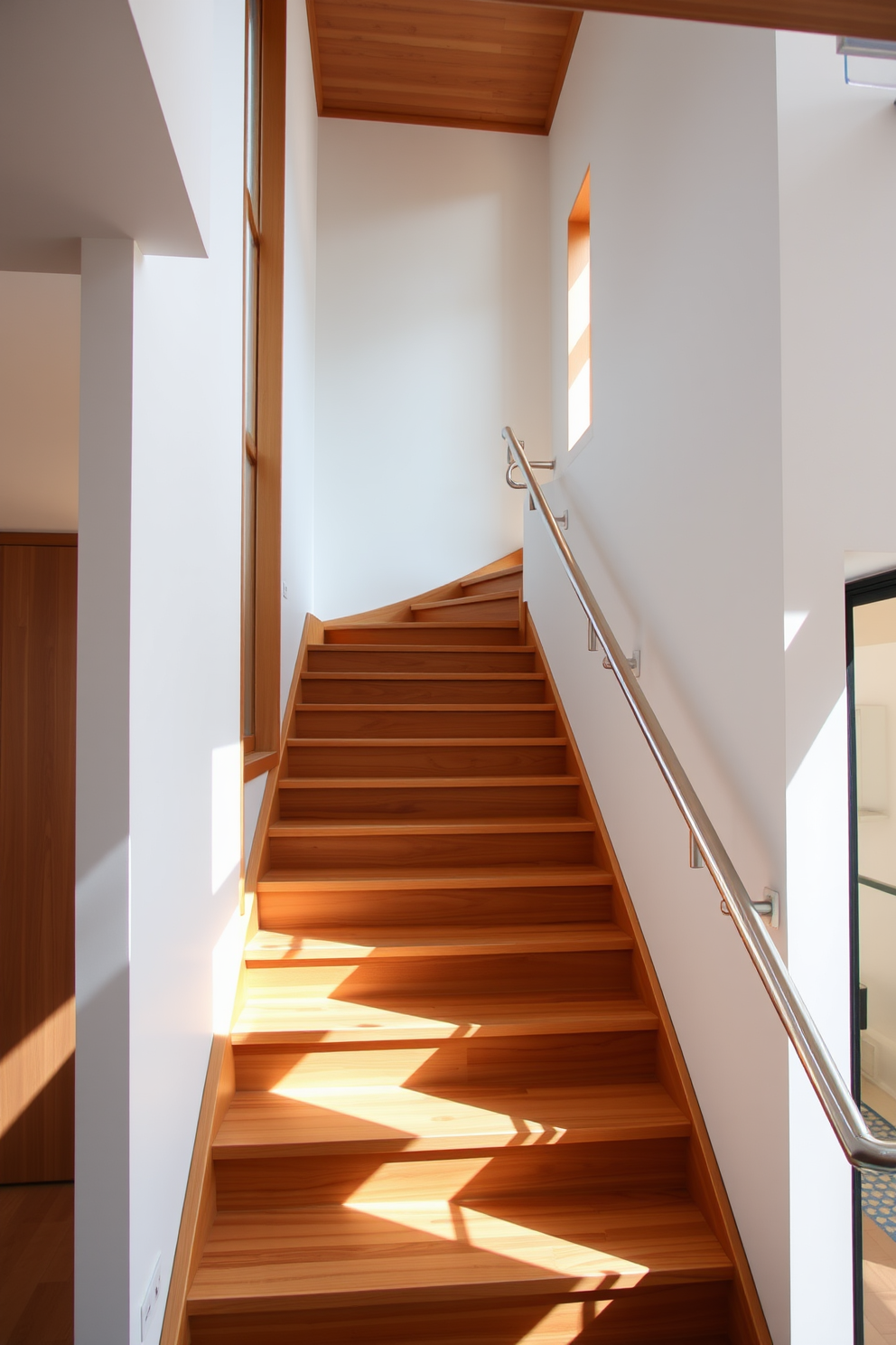 A minimalist staircase with sleek lines features a wooden structure that blends seamlessly with the surrounding space. The handrail is crafted from polished metal, adding a modern touch to the warm wood tones. Natural light floods the area, highlighting the clean design and enhancing the open feel of the staircase. Simple geometric shapes define the steps, creating a visually striking focal point in the home.