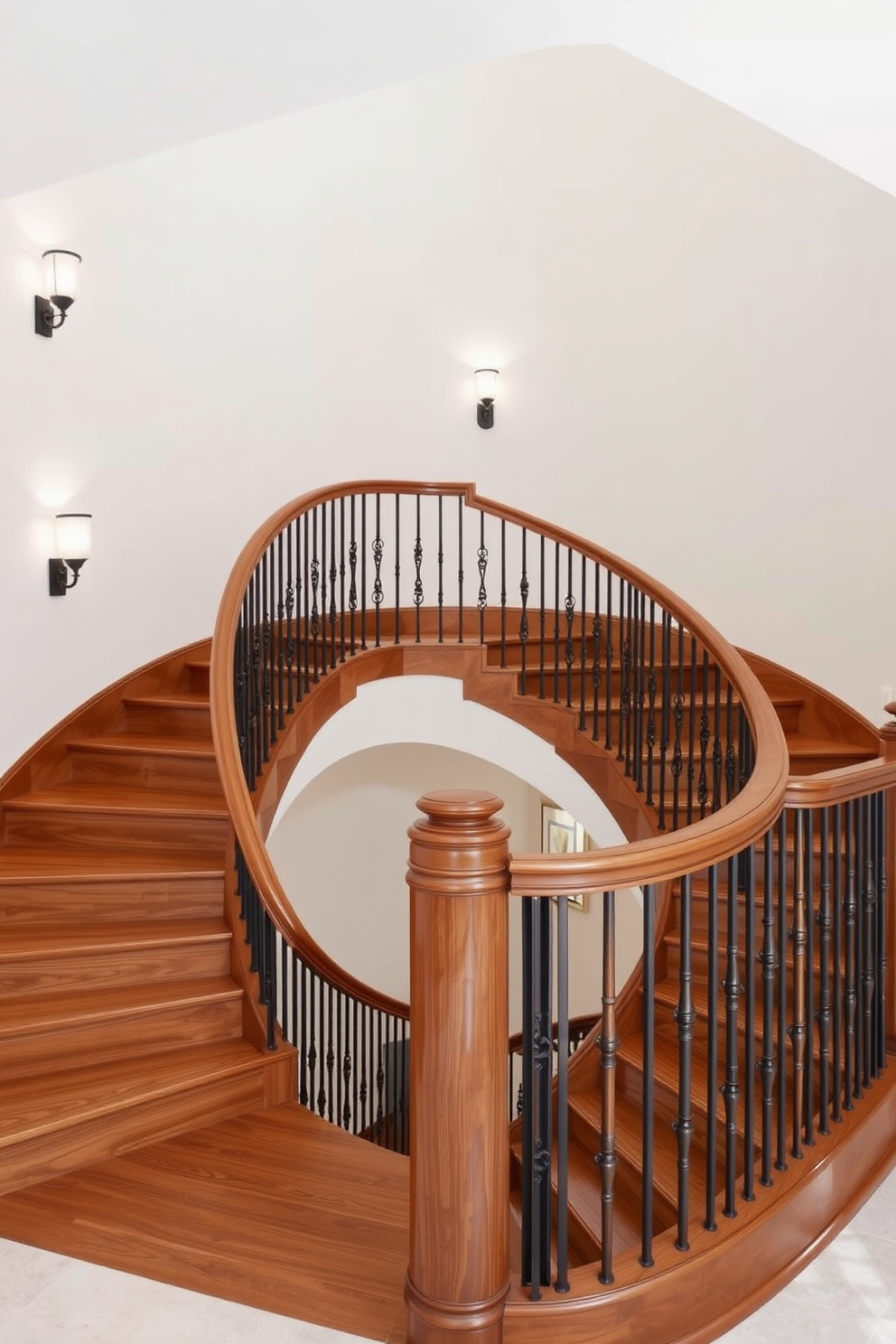 A stunning curved wooden staircase gracefully winds its way to the upper level of the home. The rich wood grain is complemented by elegant iron balusters that add a touch of sophistication and charm to the design. The staircase features a wide, polished wooden handrail that invites guests to explore the upper floors. Soft lighting from strategically placed sconces highlights the curves of the staircase, creating a warm and inviting atmosphere.