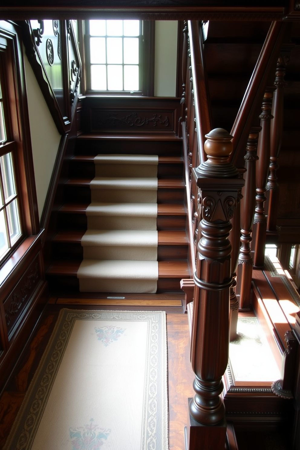 A vintage wooden staircase with intricate carvings showcases craftsmanship and elegance. The rich, dark wood is complemented by a soft runner that adds warmth and texture. The balustrades feature ornate designs that enhance the staircase's charm. Natural light filters through a nearby window, highlighting the staircase's beautiful details.