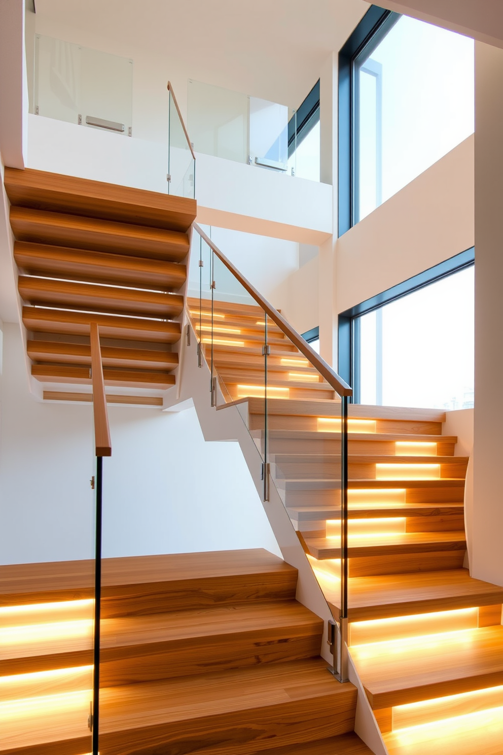 A modern staircase design featuring sleek wooden steps that seamlessly blend with the surrounding architecture. LED lighting is integrated along the edges of the steps, casting a warm glow that enhances the contemporary aesthetic. The staircase is open and airy, allowing natural light to flow through large windows adjacent to it. Elegant handrails made of glass provide a striking contrast to the rich wood tones, creating a visually stunning focal point in the space.