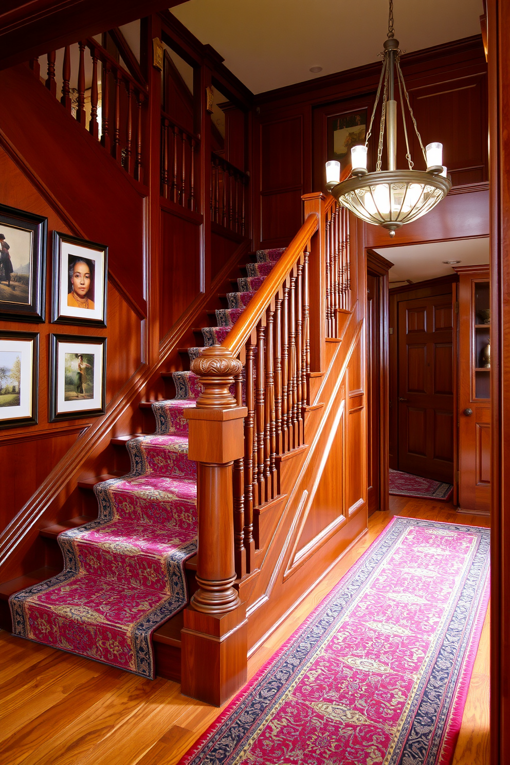 A stunning wooden staircase features a rich mahogany finish with elegant balusters that complement the overall design. A vibrant patterned carpet runner adds a touch of color and texture, guiding the eye up the staircase while providing comfort underfoot. The staircase is illuminated by a stylish chandelier that casts a warm glow, enhancing the wood's natural beauty. Surrounding the staircase, the walls are adorned with framed artwork, creating an inviting and sophisticated atmosphere.