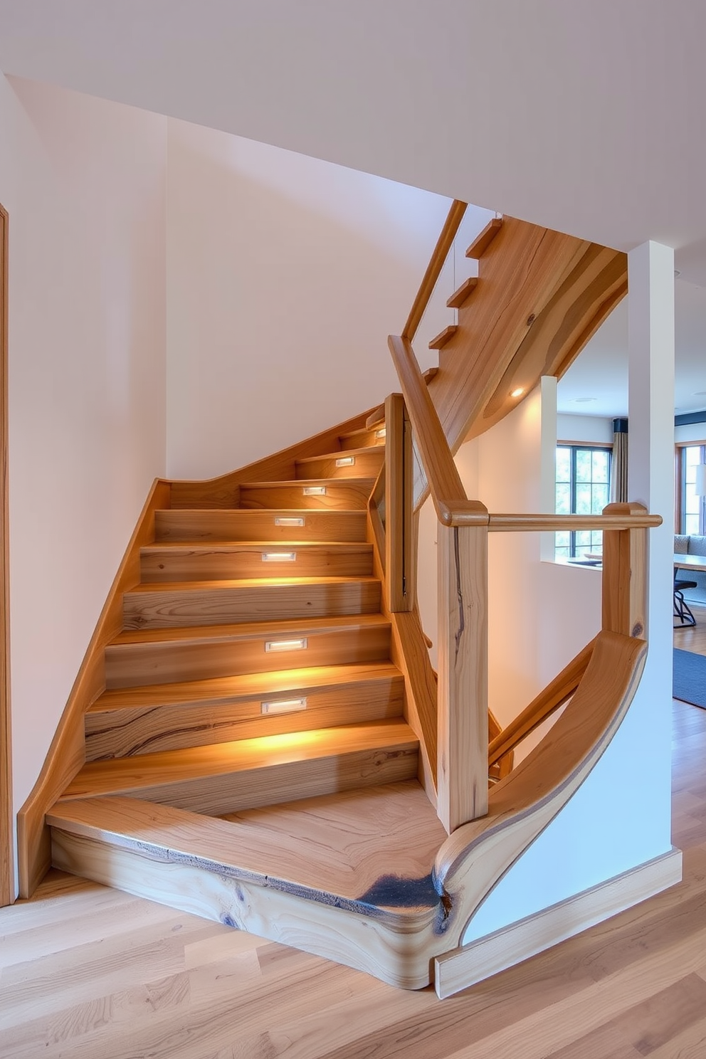 A traditional wooden staircase features rich mahogany steps with intricate carvings along the banister. A plush carpet runner in a deep burgundy hue runs down the center, adding warmth and elegance to the design.