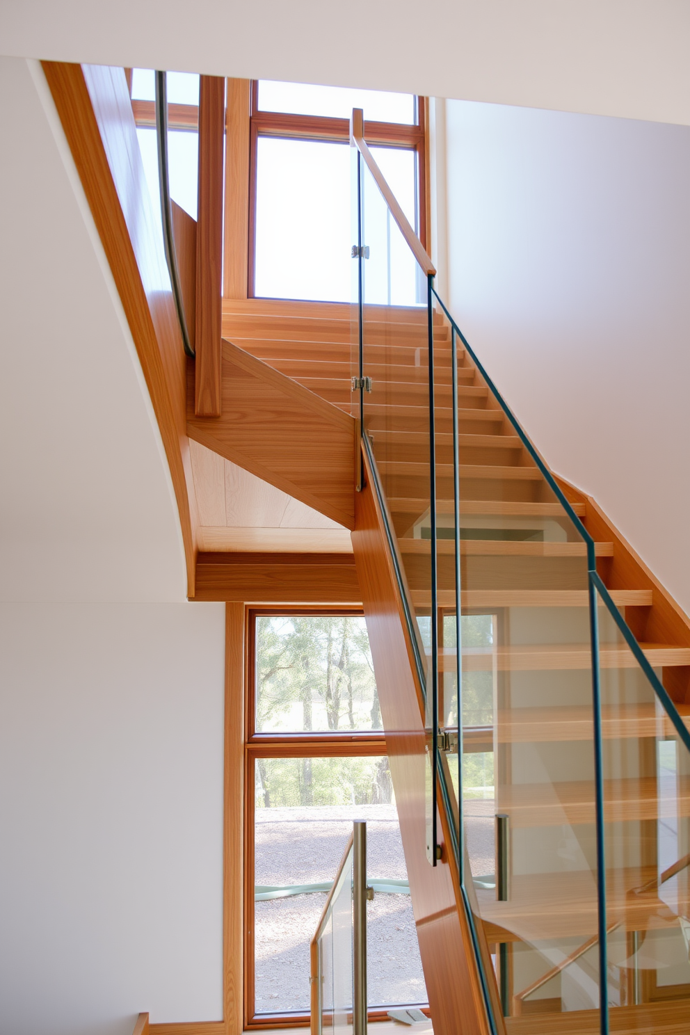 An industrial-style staircase featuring reclaimed wood beams and metal railings creates a striking focal point in the space. The warm tones of the wood contrast beautifully with the sleek, raw metal, enhancing the overall aesthetic of modern industrial design. The staircase is illuminated by pendant lights that hang from the ceiling, casting a warm glow on the wooden steps. Below the staircase, a small nook with potted plants adds a touch of greenery and life to the design.