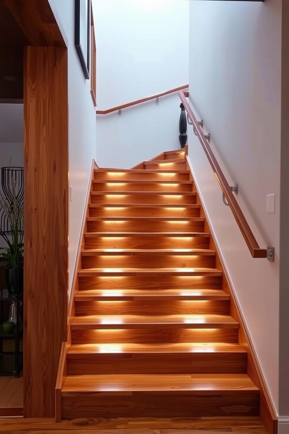 A stunning staircase design featuring a harmonious blend of wood and glass. The wooden steps are complemented by sleek glass railings that create an open and airy feel. The staircase is illuminated by natural light streaming in from large windows nearby. Rich wooden tones contrast beautifully with the clarity of the glass, enhancing the elegance of the space.