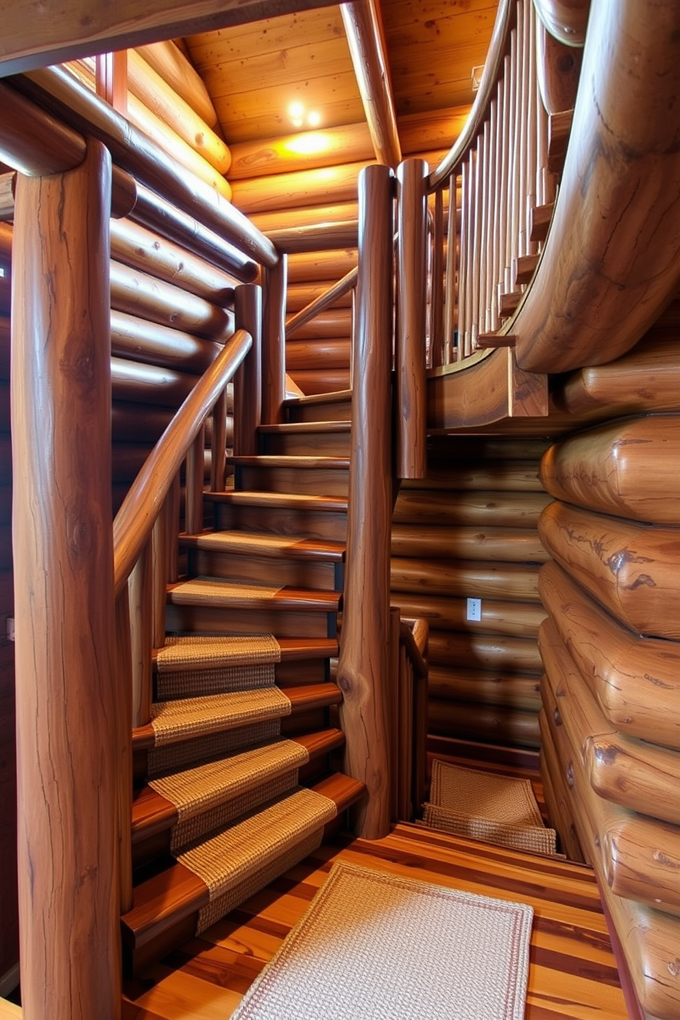 A rustic log staircase winds gracefully through a cozy cabin space. The sturdy logs are polished to highlight their natural grain, and soft, warm lighting illuminates the staircase, creating an inviting atmosphere. Surrounding the staircase, wooden beams extend across the ceiling, enhancing the rustic charm. A woven runner adds texture and comfort underfoot, completing the design with a touch of warmth.