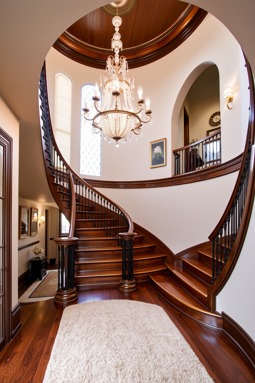 Elegant curved staircase with a stunning chandelier hanging from the ceiling. The staircase features rich wooden steps with intricate detailing and a polished finish. The walls alongside the staircase are adorned with tasteful artwork and soft lighting. A plush runner rug in a complementary color adds warmth and texture to the design.