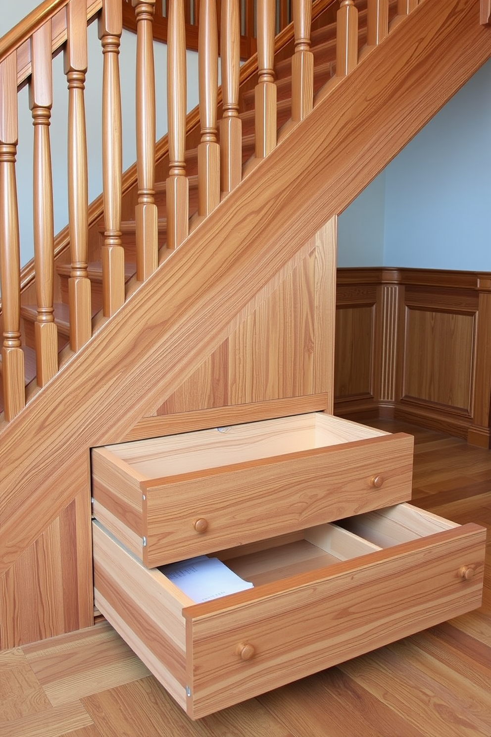 A stunning wooden staircase featuring hidden drawers seamlessly integrated into the design. The rich wood grain adds warmth, while the innovative storage solutions provide practicality without compromising aesthetics.