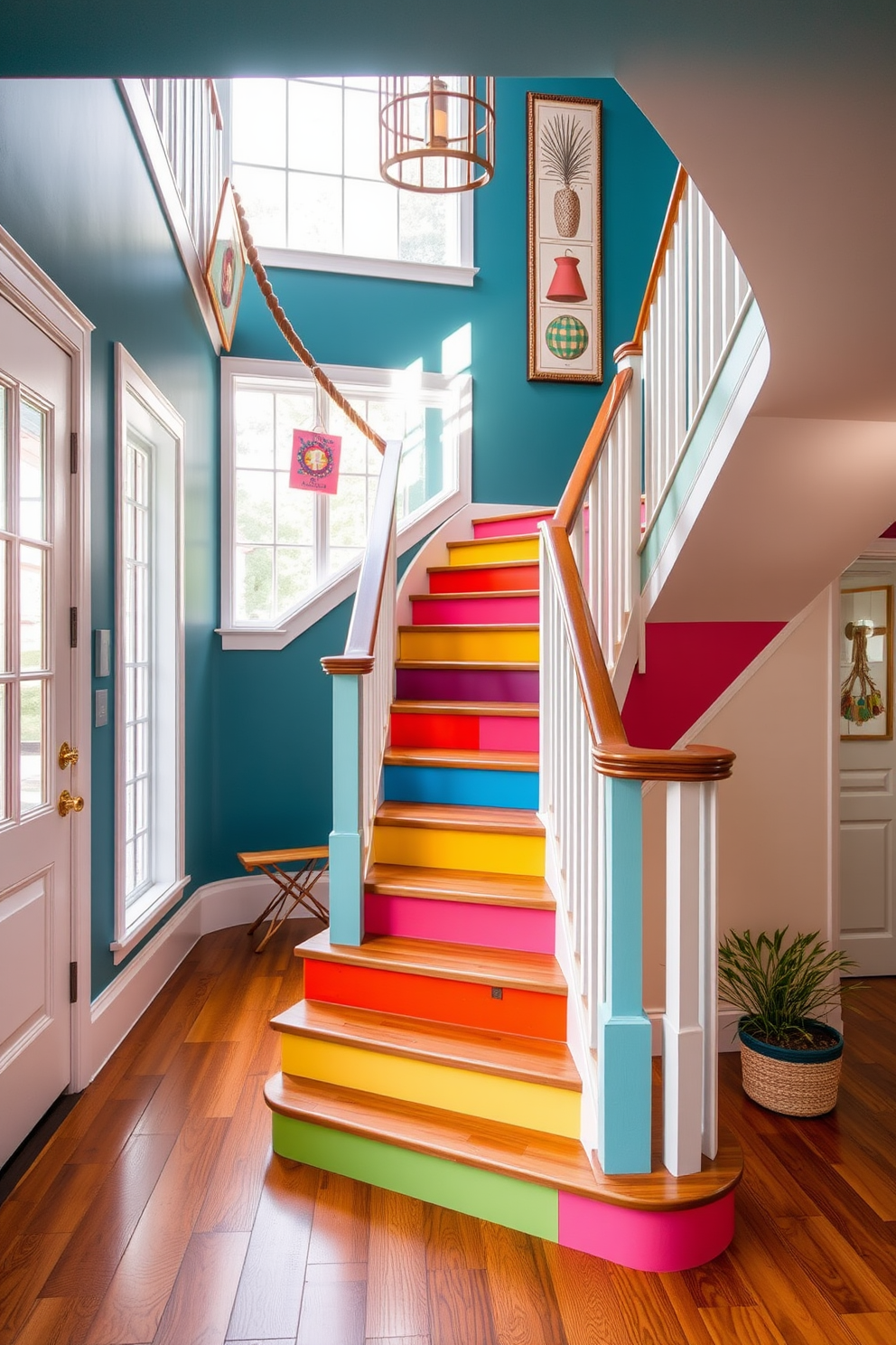 A bold colored staircase features a vibrant mix of hues that create a playful atmosphere in the entryway. The wooden steps are accented with contrasting railings, adding a touch of elegance to the lively design. The staircase is adorned with unique geometric patterns that enhance its artistic appeal. Natural light filters through large windows, illuminating the colorful elements and making the space feel inviting.