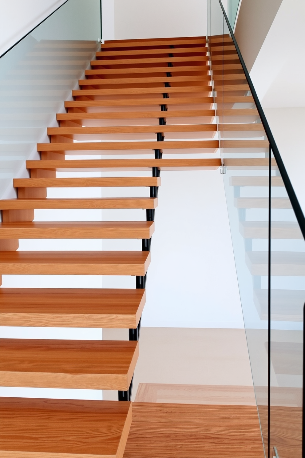 A stunning floating staircase features sleek wooden treads that seem to defy gravity. The minimalist design emphasizes clean lines and a spacious feel, enhancing the overall aesthetic of the interior. The staircase is complemented by a glass railing that provides safety while maintaining an open look. Soft, ambient lighting highlights the natural grain of the wood, creating a warm and inviting atmosphere.