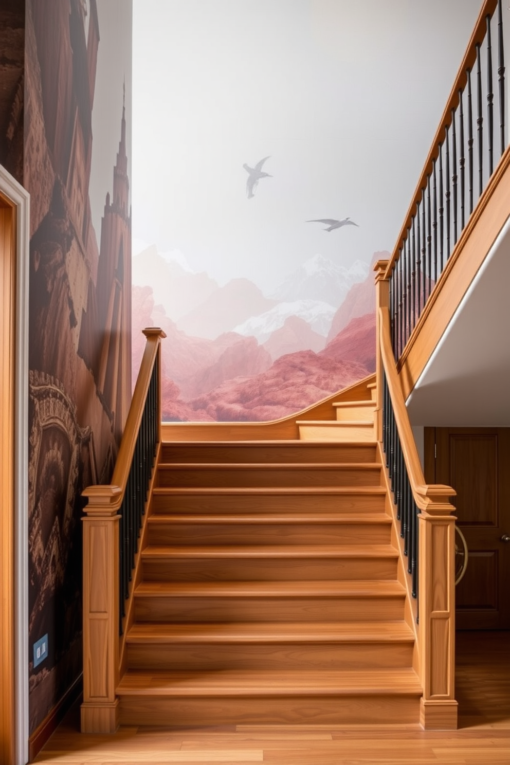 A striking staircase features an artistic wall mural that serves as a captivating backdrop. The wooden staircase showcases elegant design ideas with rich textures and warm tones, enhancing the overall aesthetic of the space.