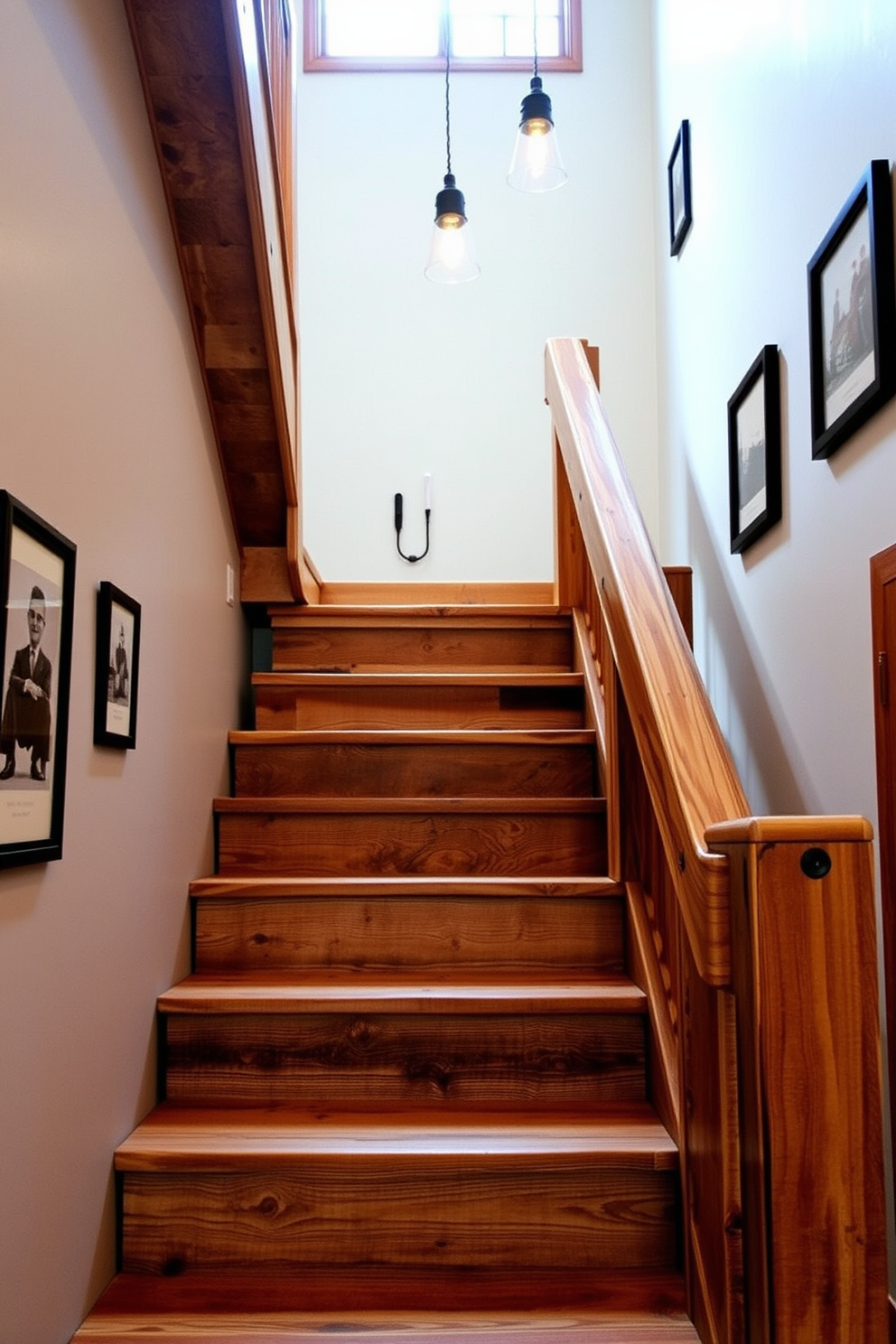 A rustic reclaimed wood staircase features thick, weathered planks that showcase the natural grain and texture of the wood. The handrail is crafted from the same reclaimed material, adding warmth and character to the space. The staircase is illuminated by soft pendant lights hanging above, casting a warm glow on the steps. Surrounding the staircase, the walls are adorned with vintage photographs in simple frames, enhancing the rustic charm of the design.