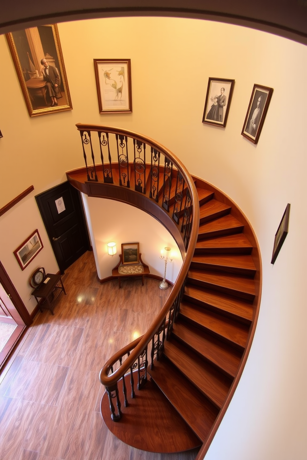 A stunning spiral staircase with elegantly crafted wooden steps spirals gracefully upwards. The balustrade features intricate carvings that enhance the staircase's sophistication, while warm lighting casts a soft glow on the polished wood. The design incorporates a sleek wooden handrail that complements the natural grain of the steps. Surrounding the staircase, the walls are adorned with tasteful artwork, creating a welcoming atmosphere in the entryway.