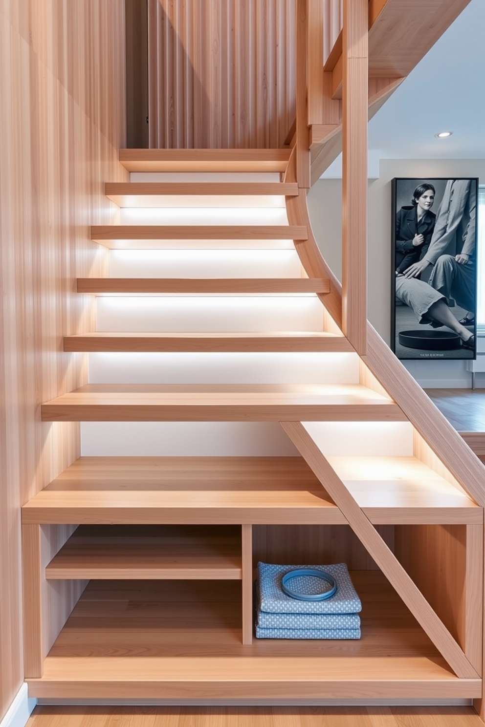 A modern staircase featuring sleek lines and integrated storage solutions. The wooden staircase showcases a minimalist design with built-in shelves beneath each step for functional elegance.