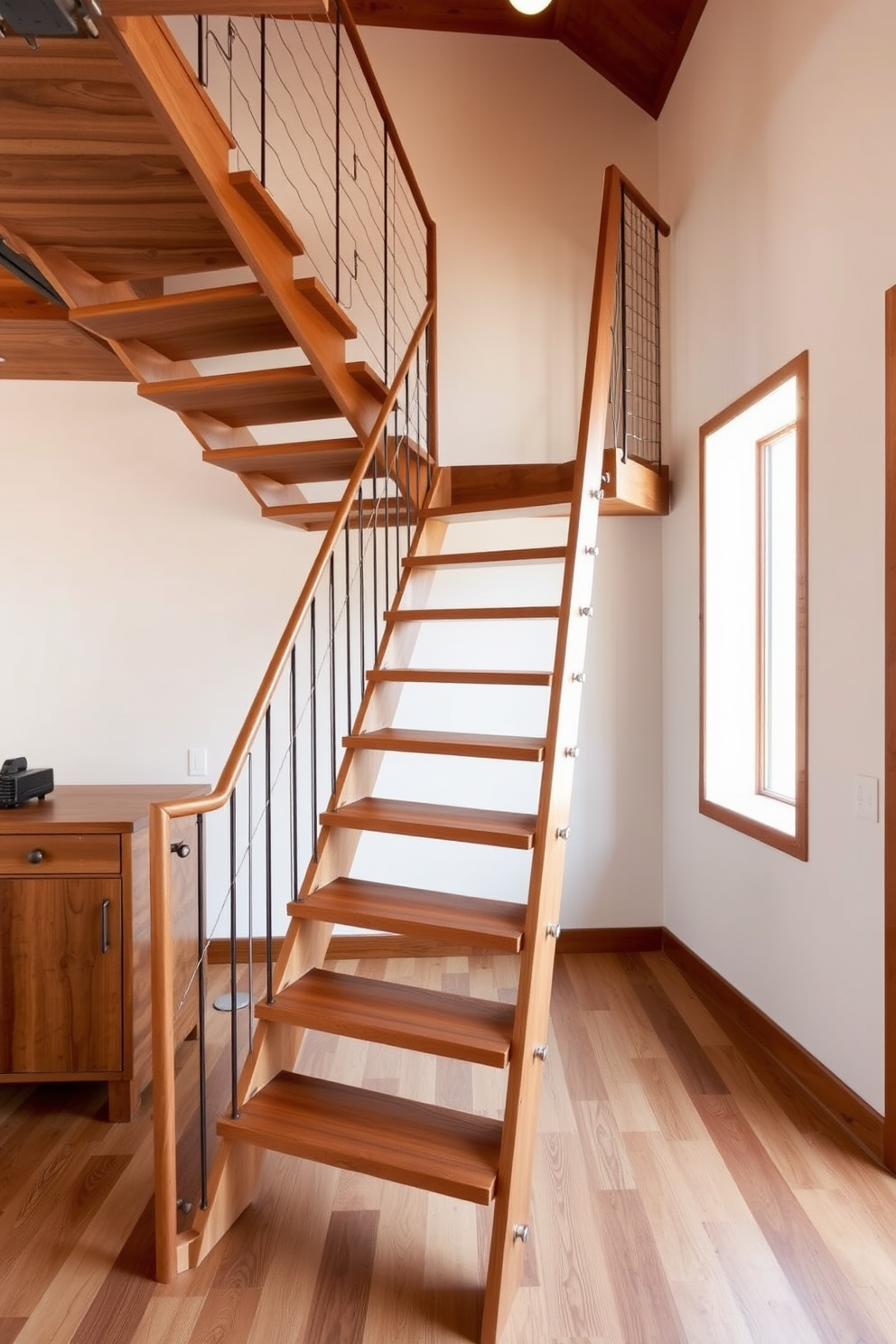 A ladder-style staircase is designed for small spaces, featuring sleek wooden steps that maximize vertical space. The staircase is complemented by minimalist railings that enhance the open feel of the area while providing safety.