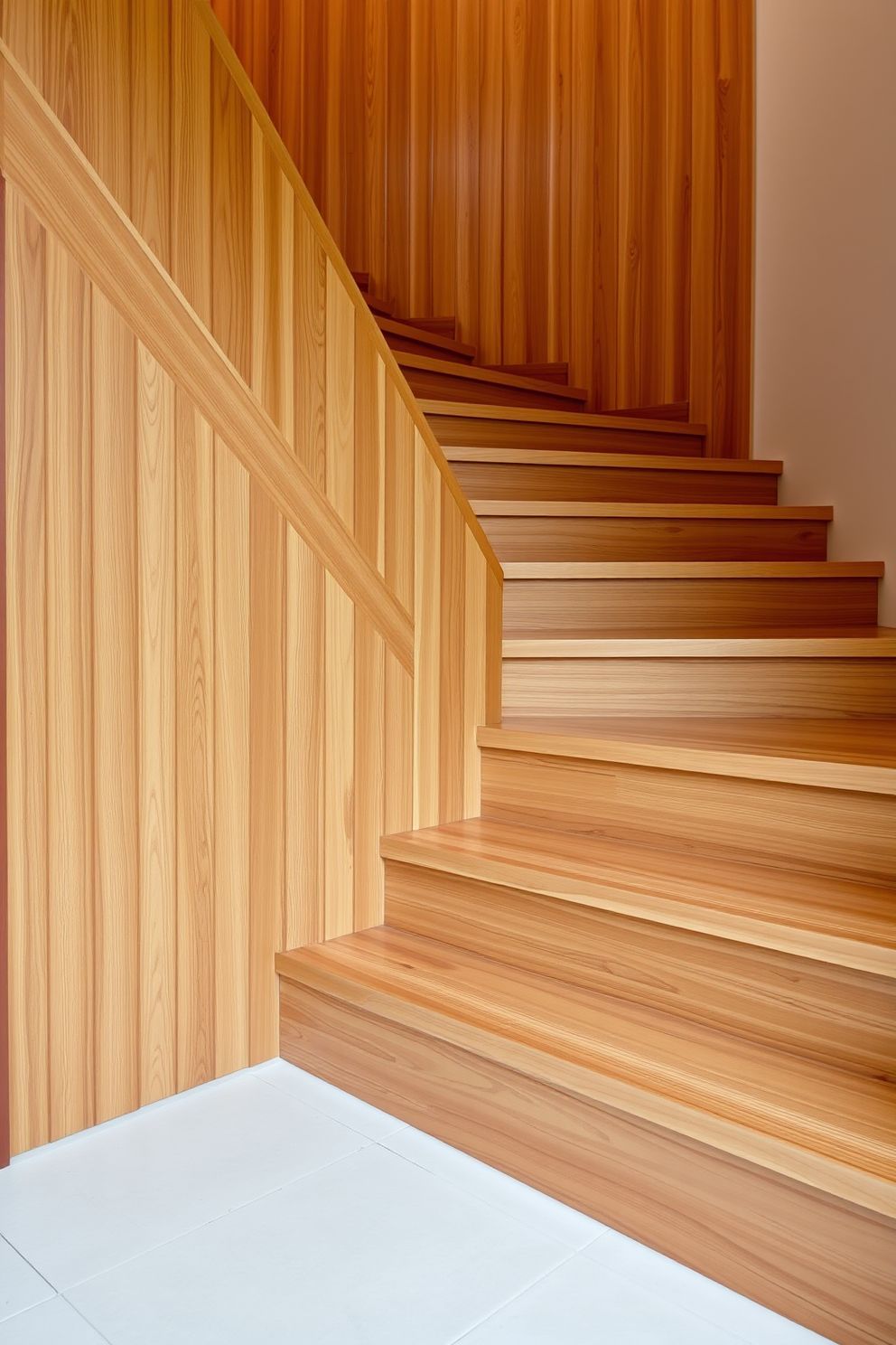 A striking geometric staircase with unique angles and a sleek wooden finish. The design features alternating treads and risers, creating an eye-catching visual effect that enhances the modern aesthetic of the space.