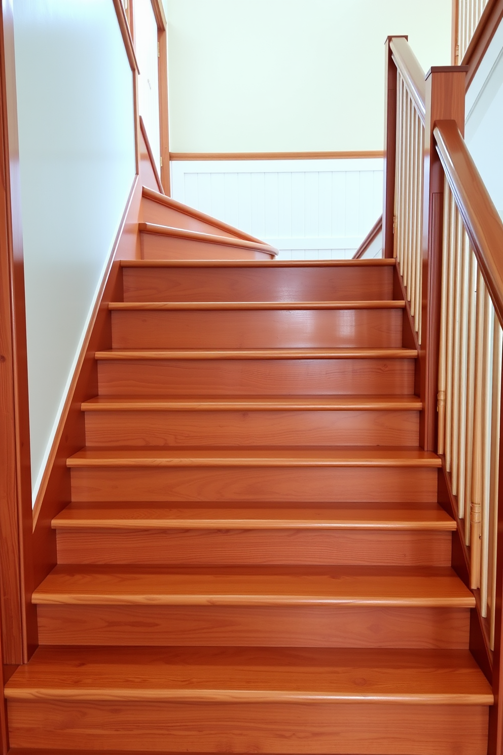 A stunning stained wood staircase features rich, warm tones that enhance the elegance of the space. The white risers create a striking contrast, adding a fresh and modern touch to the overall design. The staircase is illuminated by natural light streaming in from a nearby window, highlighting the intricate grain of the wood. Surrounding the staircase, a minimalist railing complements the design while ensuring safety and style.