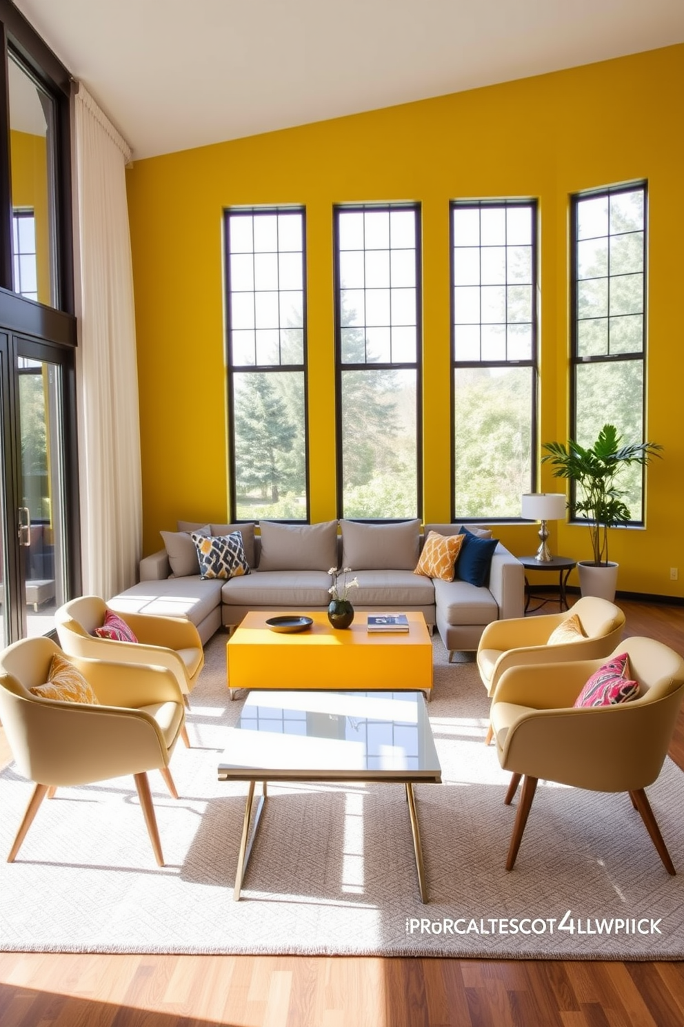 Bright yellow accent wall in the living room creates a vibrant focal point. The space features a cozy sectional sofa in neutral tones paired with colorful throw pillows. A stylish coffee table sits in the center, surrounded by modern side chairs. Large windows allow natural light to flood the room, enhancing the cheerful atmosphere.