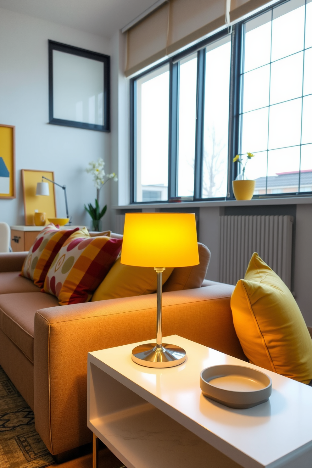 A charming living space featuring a yellow table lamp that casts a warm and inviting glow. The lamp is placed on a sleek side table next to a plush sofa adorned with colorful cushions. The apartment showcases a modern design with yellow accents throughout, including cheerful artwork and decorative pillows. Large windows allow natural light to fill the room, enhancing the vibrant atmosphere.