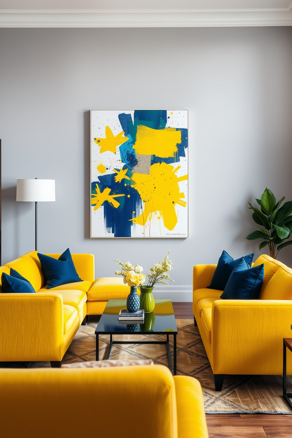 A vibrant living room featuring yellow accent furniture that creates a bold statement. The space includes a plush yellow sofa paired with contrasting navy blue cushions and a sleek coffee table. The walls are painted in a soft gray, enhancing the brightness of the yellow. A large abstract artwork with splashes of yellow and blue adorns the wall, bringing the room together.