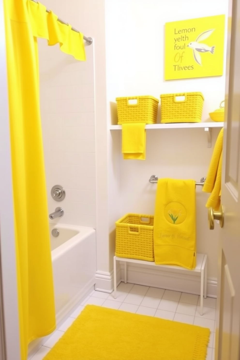 A bright and cheerful bathroom featuring lemon yellow accessories that add a touch of freshness. The space includes a lemon yellow shower curtain, bath mat, and towels, creating a cohesive and vibrant look. The walls are painted in a soft white to enhance the brightness of the yellow accents. Stylish storage solutions in the form of lemon yellow baskets are placed on open shelves, adding both functionality and flair to the design.