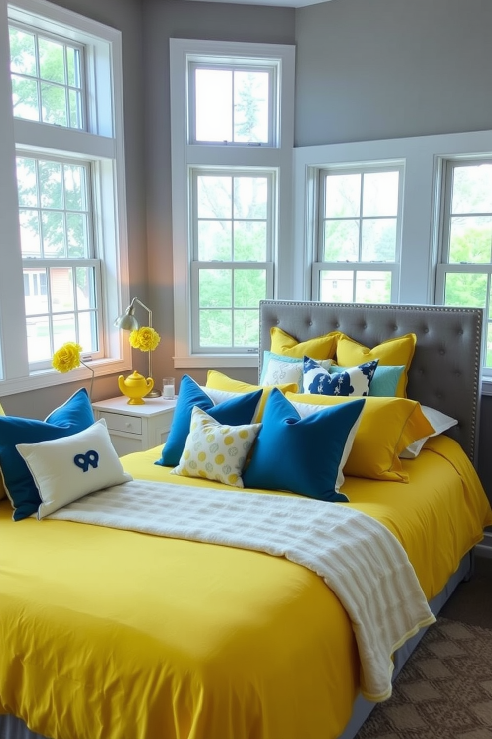 A cozy bedroom featuring a yellow bedspread adorned with contrasting decorative pillows in shades of blue and white. The walls are painted a soft gray, and large windows allow natural light to fill the space, highlighting a stylish bedside table with a modern lamp. The overall design emphasizes a cheerful and inviting atmosphere, incorporating yellow accents in artwork and decorative elements. A plush area rug in neutral tones anchors the room, creating a warm and welcoming environment.