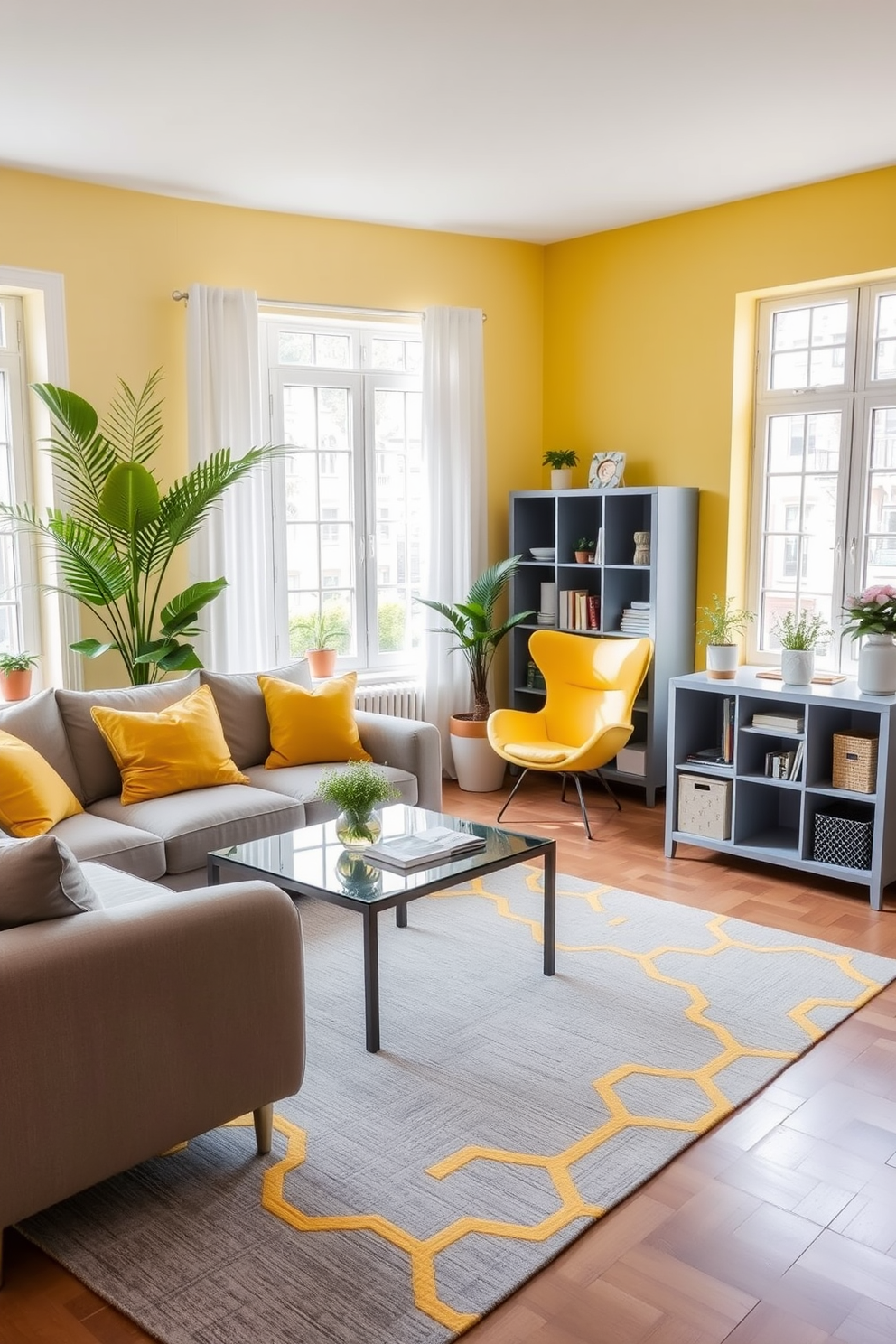 A bright and airy living room with a yellow and grey color scheme. The walls are painted a soft yellow, complemented by a plush grey sofa adorned with yellow accent pillows. A sleek coffee table sits in the center, featuring a glass top and grey legs. Large windows allow natural light to flood the space, highlighting a grey area rug with yellow geometric patterns. In the corner, a stylish yellow armchair adds a pop of color next to a minimalist grey bookshelf filled with decorative items. Potted plants bring a touch of greenery, enhancing the balanced aesthetic of the apartment.