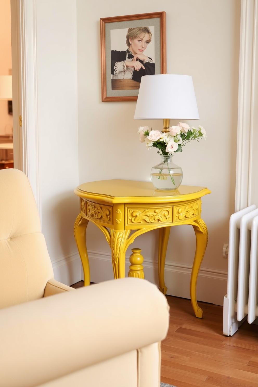 A vintage yellow side table adds a charming focal point to the room. It features intricate carvings and a glossy finish that enhances the apartment's cheerful ambiance. Surrounding the table, soft pastel-colored walls create a warm atmosphere. A cozy armchair in a complementary hue invites relaxation and conversation.