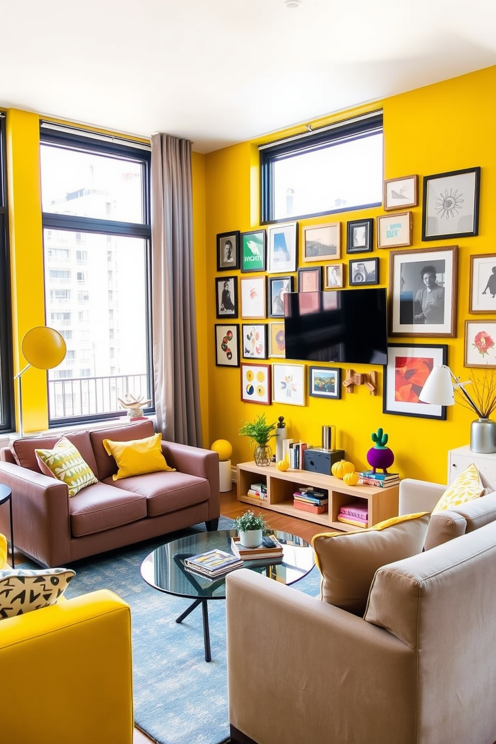 Create a gallery wall featuring an array of vibrant artwork displayed in yellow frames. The wall is painted in a soft white hue to enhance the brightness of the frames and the colors of the art pieces. In the same room, incorporate yellow apartment design ideas that blend modern aesthetics with cozy elements. Use plush seating and warm lighting to create an inviting atmosphere that complements the gallery wall.