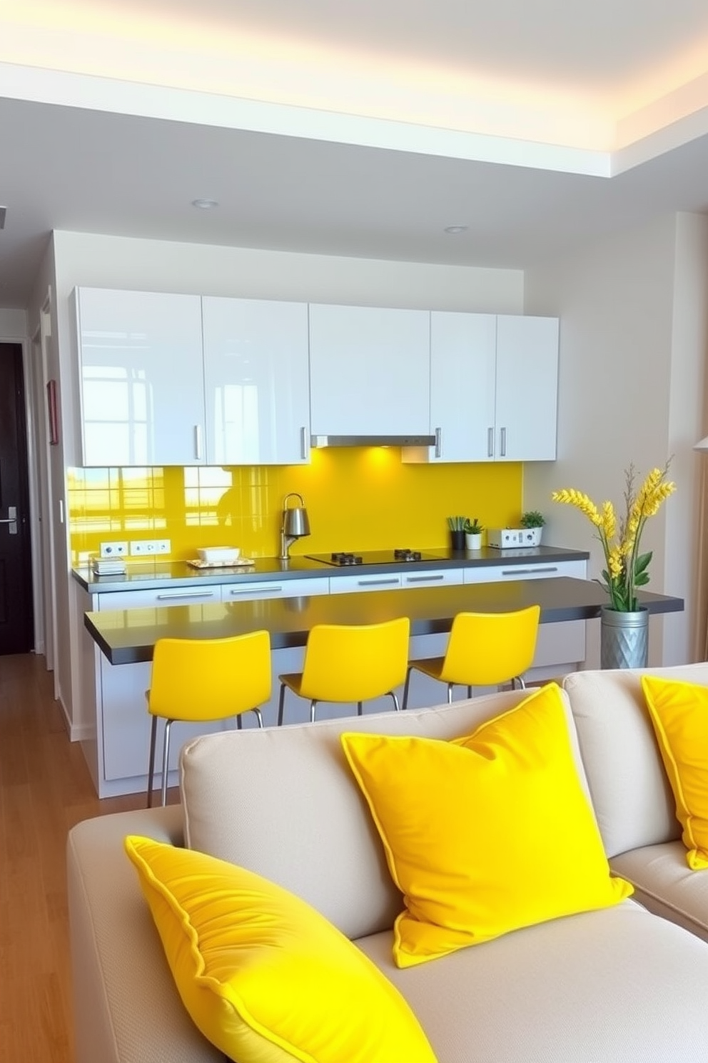 A bright yellow kitchen backsplash adds a vibrant touch to the space. The cabinets are sleek and modern, complementing the cheerful hue with a clean white finish. Incorporating yellow accents throughout the apartment creates a cohesive and inviting atmosphere. The living area features a cozy seating arrangement with yellow throw pillows that harmonize with the overall design.