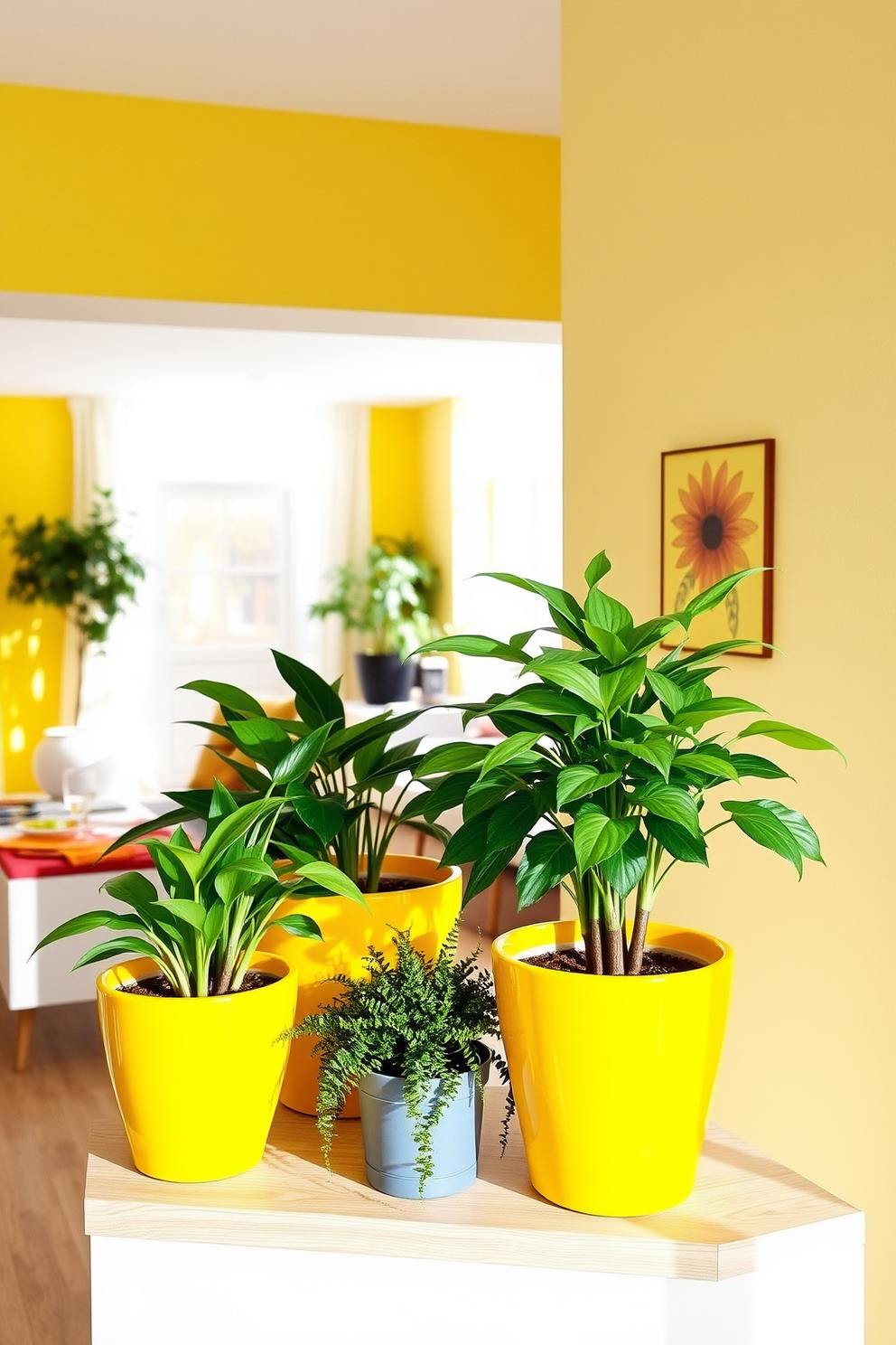 A bright and airy living space featuring yellow planter pots filled with lush indoor greenery. The pots are strategically placed on a light wooden shelf, enhancing the cheerful atmosphere of the room. A cozy yellow apartment adorned with modern furniture and vibrant artwork. The open layout allows natural light to flood in, creating an inviting environment perfect for relaxation and entertaining.