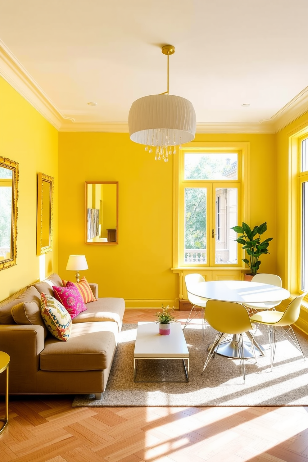 A vibrant creative workspace featuring yellow desk accessories that enhance productivity and inspire creativity. The desk is adorned with a yellow pen holder, a stylish yellow lamp, and a cheerful yellow notebook, all set against a clean white backdrop. A cozy yellow apartment design that radiates warmth and positivity. The living area showcases yellow accent pillows on a gray sofa, complemented by a yellow coffee table and bright artwork that adds a playful touch to the space.