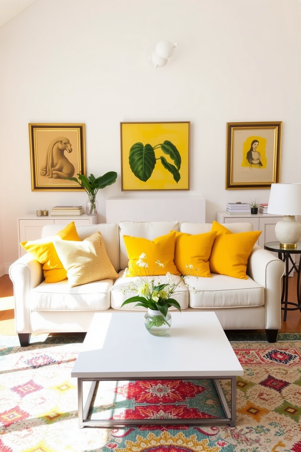 A bright and cheerful living room filled with natural light. The sofa is adorned with sunny yellow throw pillows that add a pop of color to the space. The walls are painted in a soft white, creating a fresh backdrop for the vibrant decor. A stylish coffee table sits in front of the sofa, complemented by a colorful area rug that ties the room together.