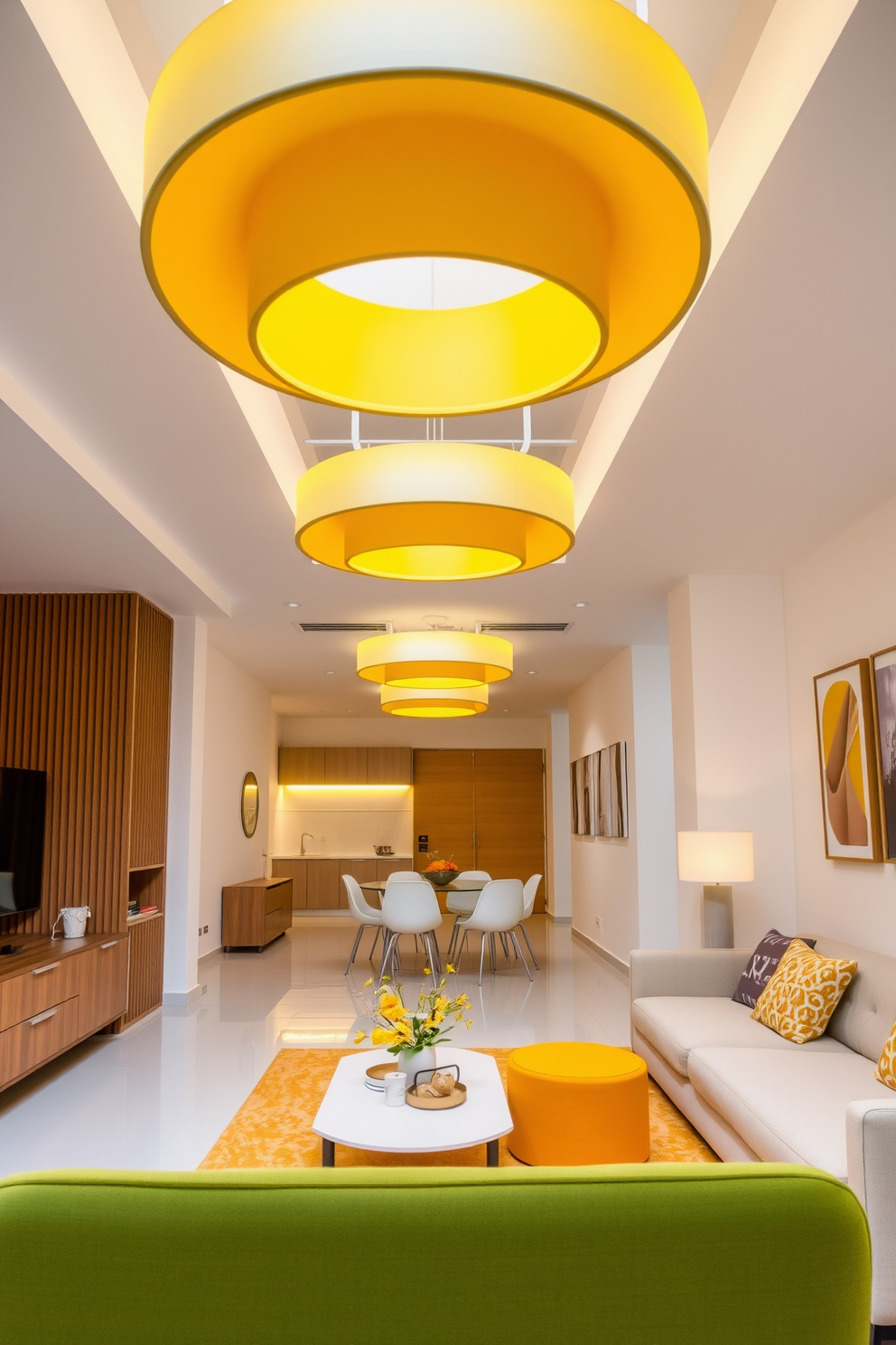 A bright and cheerful kitchen featuring dishware in various shades of yellow. The cabinets are a crisp white, complementing the vibrant yellow plates and bowls displayed on open shelves. The dining area includes a small round table with a yellow tablecloth and matching chairs. Sunlight streams in through large windows, enhancing the warm and inviting atmosphere of the yellow-themed apartment design.