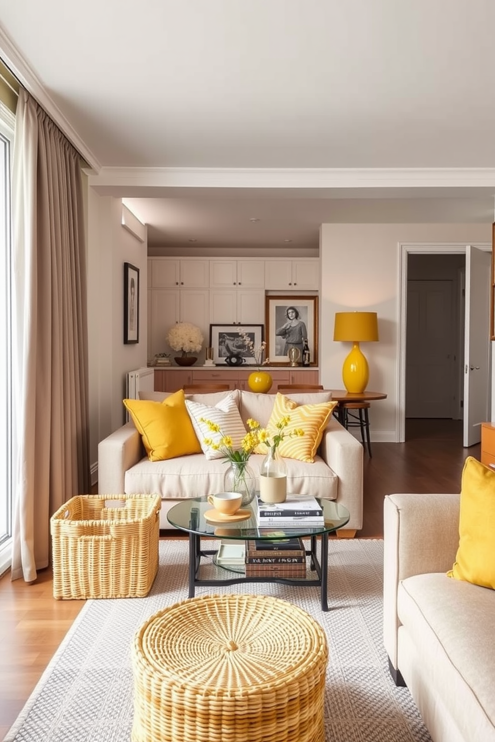 A bright and cheerful living space featuring yellow woven baskets for stylish storage. The baskets are placed strategically around the room, adding a pop of color while keeping the area organized. The apartment design incorporates yellow accents throughout, creating a warm and inviting atmosphere. Soft furnishings and decor complement the yellow theme, enhancing the overall aesthetic of the space.