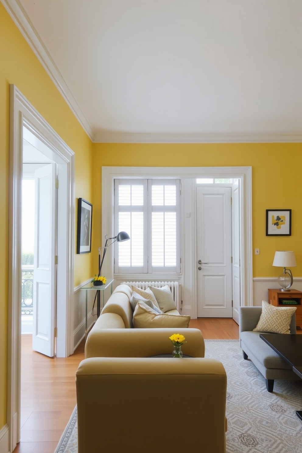 A bright and cheerful living room featuring yellow accent furniture that adds a playful touch to the space. The room includes a yellow sofa paired with colorful throw pillows and a stylish coffee table, creating an inviting atmosphere. The walls are painted in a soft white to enhance the vibrancy of the yellow accents. Large windows allow natural light to flood in, illuminating the cheerful decor and creating a warm, welcoming environment.