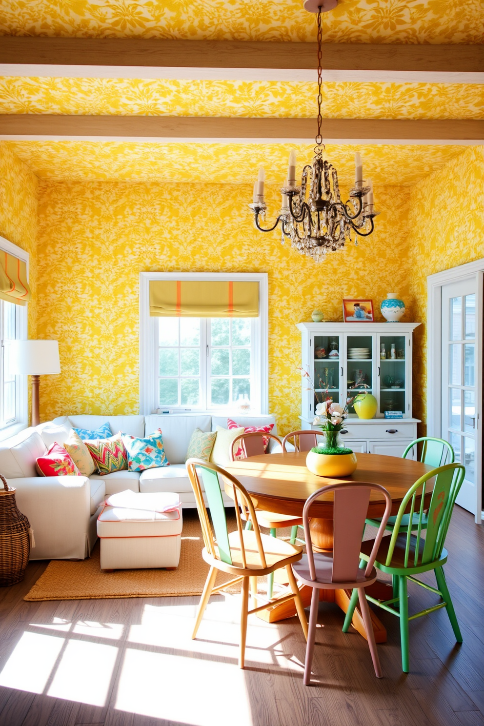 A bright and cheerful living room adorned with yellow floral wallpaper that brings warmth and vibrancy to the space. The room features a comfortable white sofa with colorful throw pillows and a large window allowing natural light to flood in. A cozy dining area with a round wooden table surrounded by mismatched chairs that complement the yellow floral theme. A statement chandelier hangs above the table, adding elegance and charm to the cheerful ambiance.