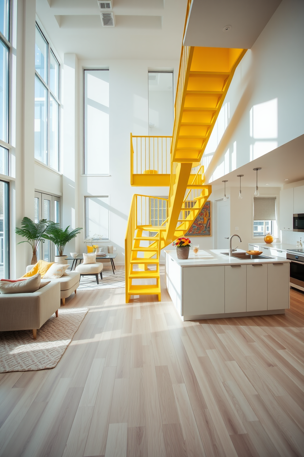 A bright and airy apartment featuring a spacious open floor plan. The living area is adorned with large windows allowing natural light to flood the space, complemented by soft yellow accents throughout. The kitchen boasts sleek cabinetry with a modern design, highlighted by a vibrant yellow staircase railing that adds a unique flair. Cozy seating arrangements create an inviting atmosphere, perfect for entertaining guests or relaxing with family.